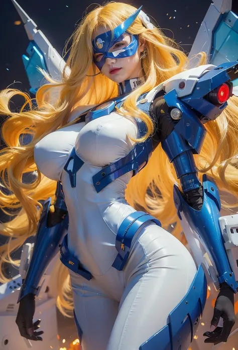 Femme fatale,1 girl,big breasts,long hair,yellow hair,blue eye,villain,Eye mask blue,White tight jumpsuit,Mecha Musume,NeonGown