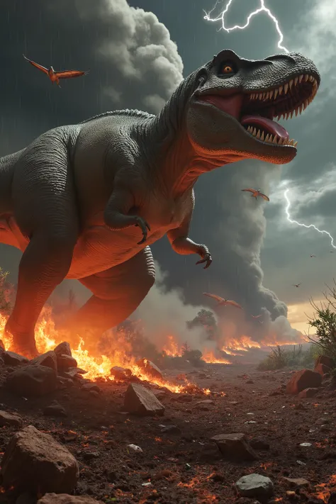 A chaotic and intense scene of dinosaurs stampeding as a meteor shower rains fiery destruction from the sky. A T-Rex roars defiantly amidst the chaos, while panicked herbivores like stegosaurus and iguanodons race across a scorched plain. Pterodactyls scre...