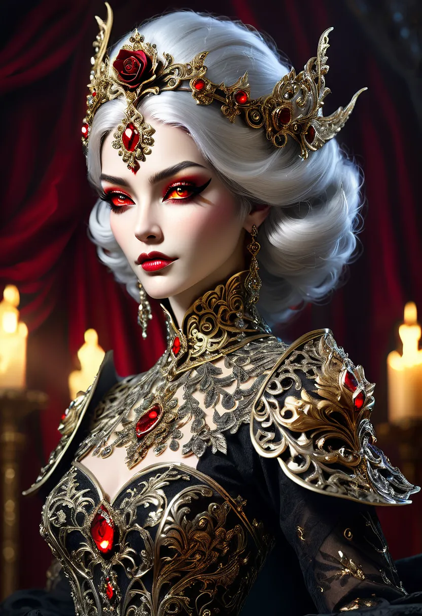 "A regal fantasy woman with silver hair adorned in jeweled accessories, her delicate skin glowing under warm golden light. She wears an ornate crystal-embellished gown with intricate filigree and shimmering embroidery. Beside her, a mysterious masked figur...