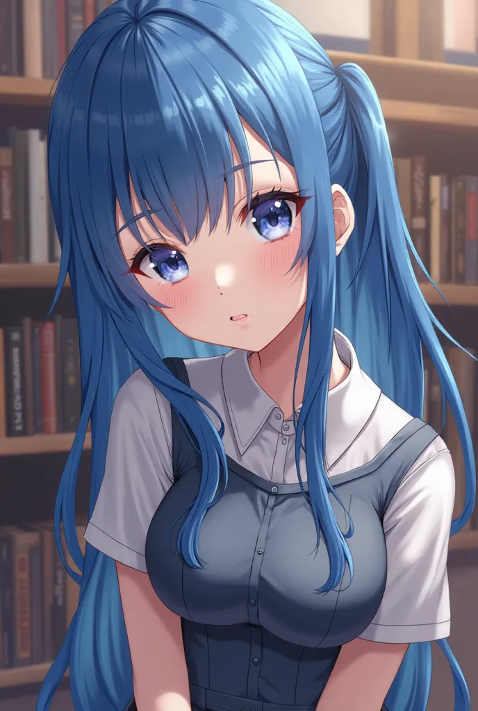 Blue hair. 어깨 길이 hair. hair. girl. 2D Anime. 일본 girl. 걸작. High picture quality. amazing quality. big boobs. h fit skirt. Office look.  amazing body . mature 외모. is expressionless. medieval background. mature. shirt. bangs to chest. Back to chest. blue eye