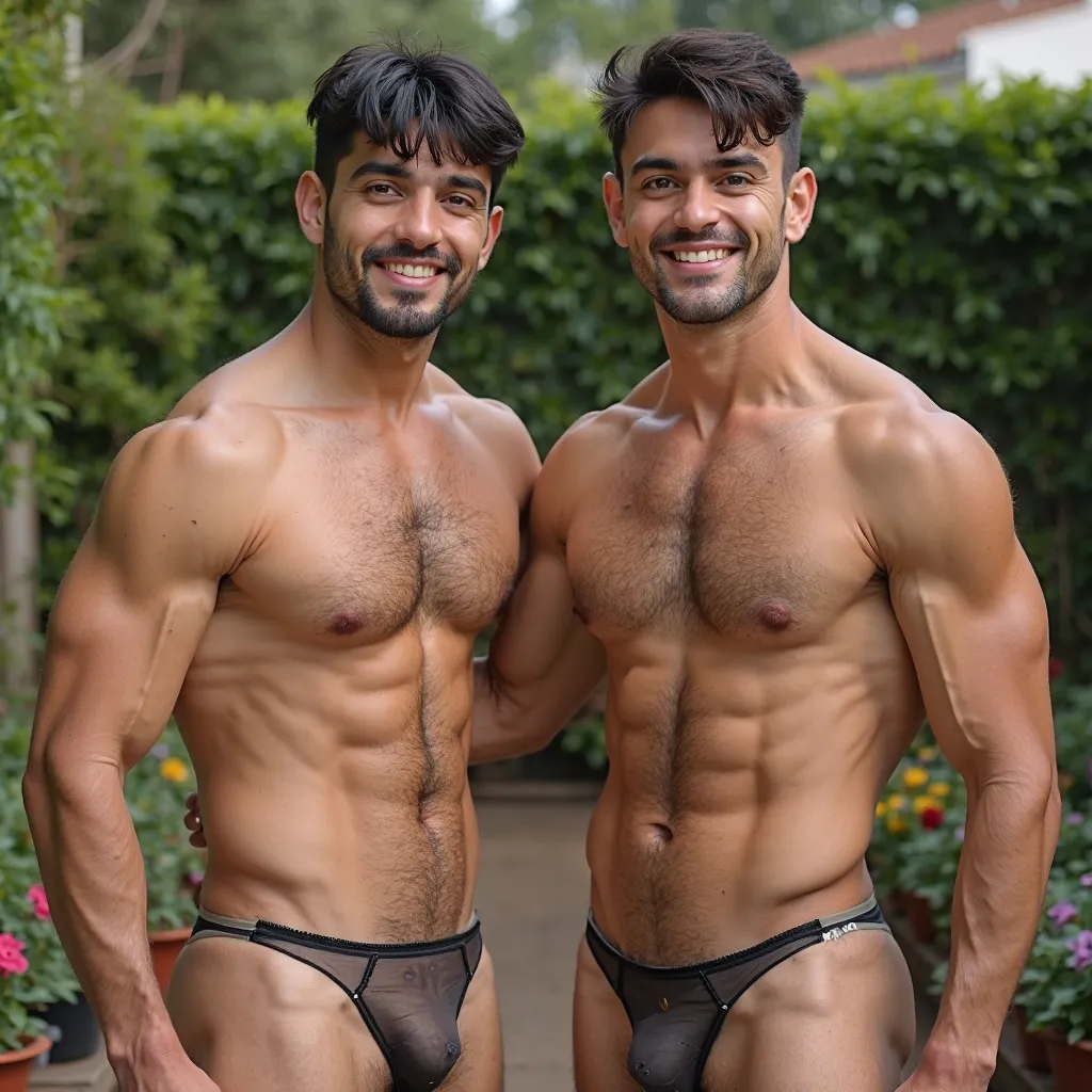 2 beautiful Latino men,  Brasileiro,Wearing only a see-through sex thong., pelado,chest defined, blue and green eyes, bangs on straight and short black and brown hair,thick, shapely shell, athletic and hairy body
big, upturned ass,pelado,I'm wearing a thon...