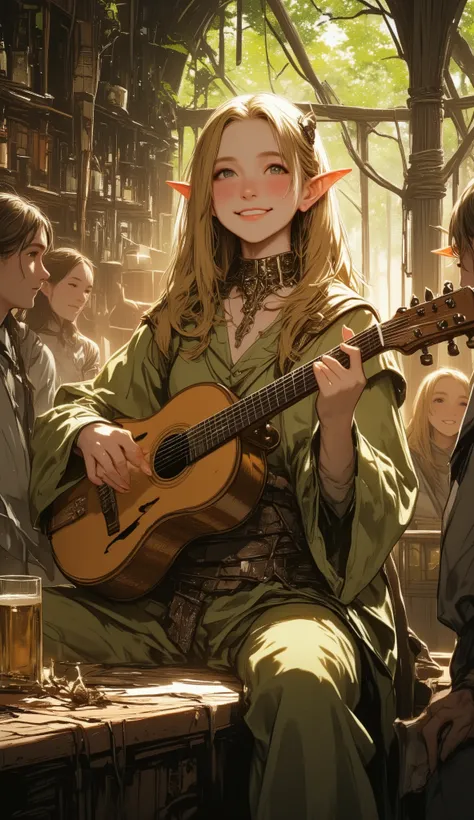 Create an image, on which elf wife with long blond hair, playing the lute in a tavern. She has pointy ears and a pleasant smile on her face. She is wearing light green clothes with wide sleeves. There are several tavern visitors around her, sitting at tab...