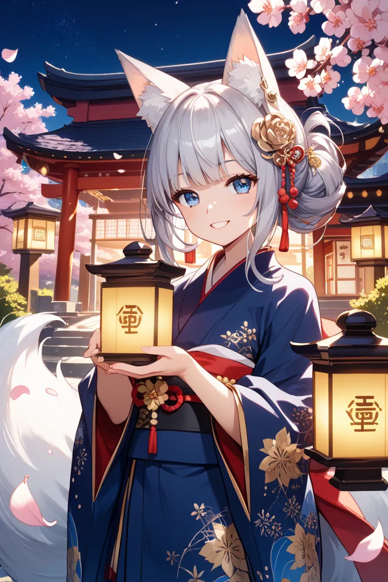 aName : Bright Fox 
Illustration style: fantastic Japanese-style fantasy 
Main color: sparkling gold 
Accent color: Deep Blue 
Race and Gender: Fox God、 female 
Age : Unknown（Eternal Youth for God）  
 hairstyle and hair color :  Long Silver Hair 、Flowing F...