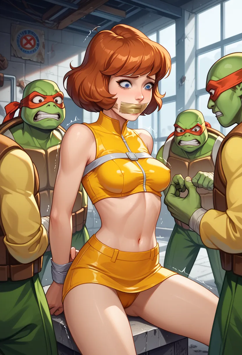 (April O'Neil:1.3), blunt bangs,medium breast, attacked by turtles, bound tape gag, abandoned basement, indoor, high quality, multiple monsters, group ,miscegenation,trembling, sad, turtles monster,creepy turtles,turtles cling to the girl,turtles attacking...