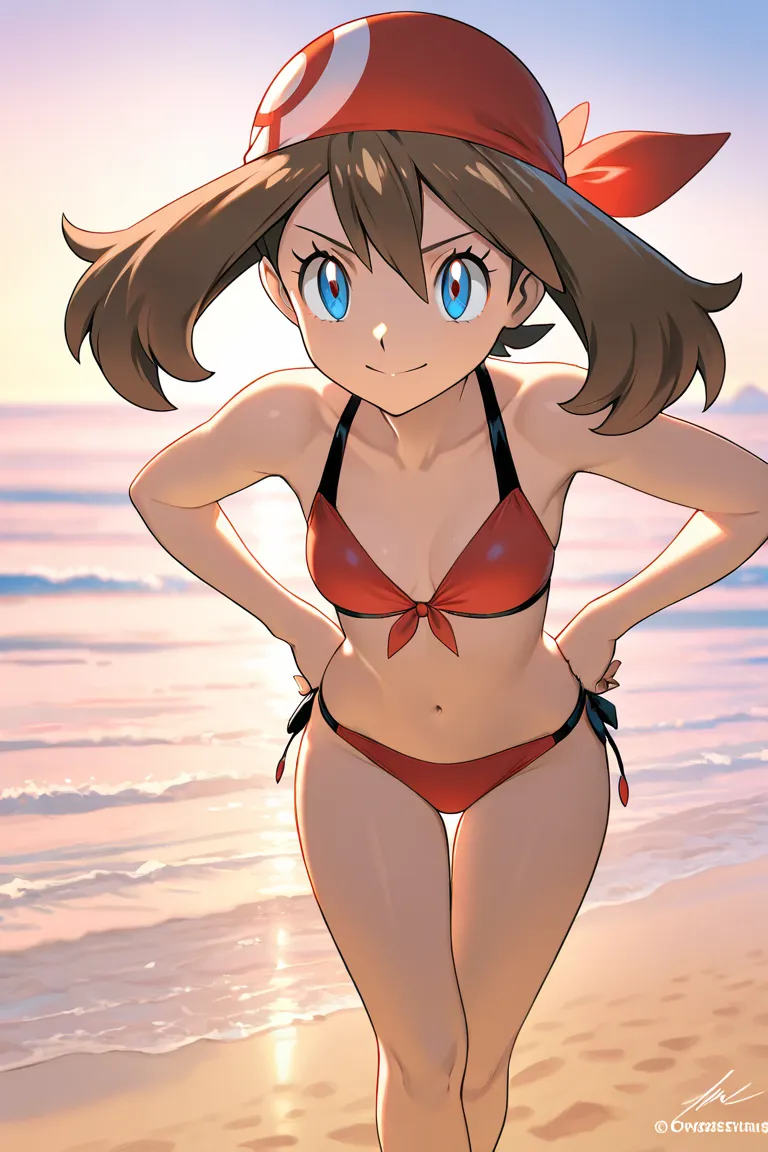 Masterpiece, incredible quality, ultra high resolution, latest, hyper-detailed.
May from Pokémon, beautiful young girl with short brown hair and bright blue eyes, wearing a stylish red bikini.

Posing confidently on the warm sand, hands resting on her hips...