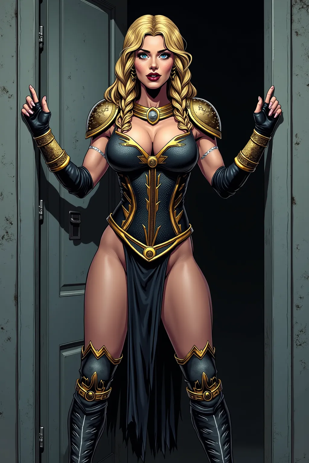 Stan lee marvel Comic inspired illustration, Comic book style image.  stands alone, hands pressed against the wall. Dark corner near the Rising Shadows locker room, with muted lighting and concrete walls.Valkyrie 1 strong female wrestler,  Icy blue eyes wi...