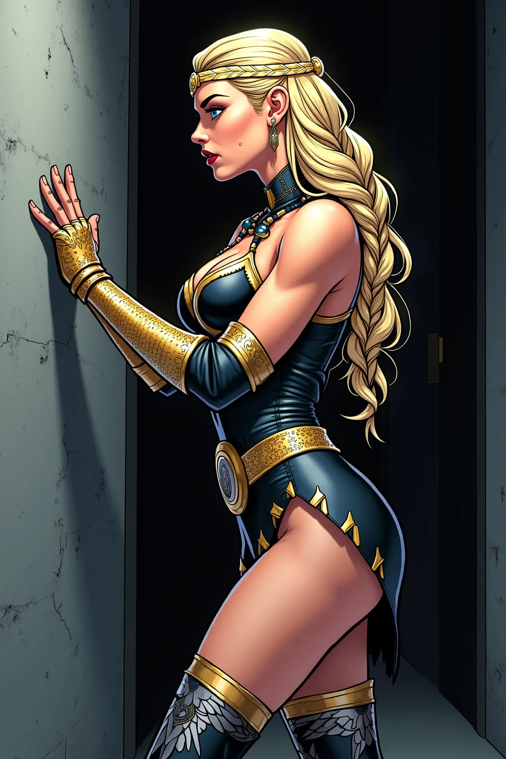 Stan lee marvel Comic inspired illustration, Comic book style image. Side view,  stands alone, hands pressed against the wall. Dark corner near the Rising Shadows locker room, with muted lighting and concrete walls.Valkyrie 1 strong female wrestler,  Icy b...