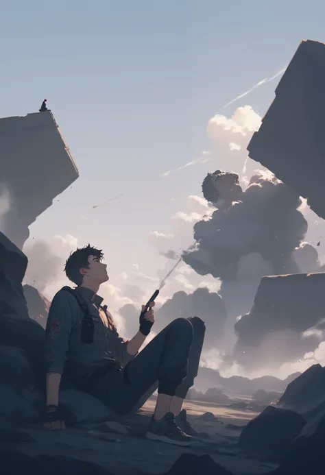 Futuristic Battlefield　1 male in his 30s　Full of smoke of smoke　sitting on the rubble　 dim sky　Asahi from afar　in bed looking up at the sky　