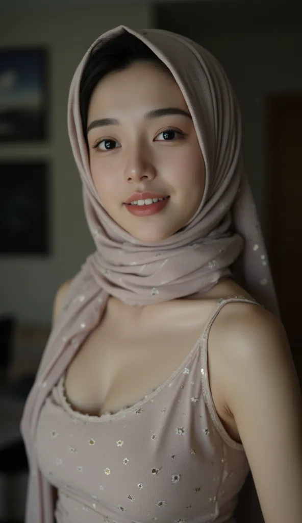 RAW photo of a 18 year old girl wearing hijab,((smile)), highres, high definition quality, realistic), one MalaysianIndonesian women naked, (topless, nude), plump saggy breasts, ((hijab)), (Droopiest Breast))), (realistic skin texture), POV shot, n, (((big...