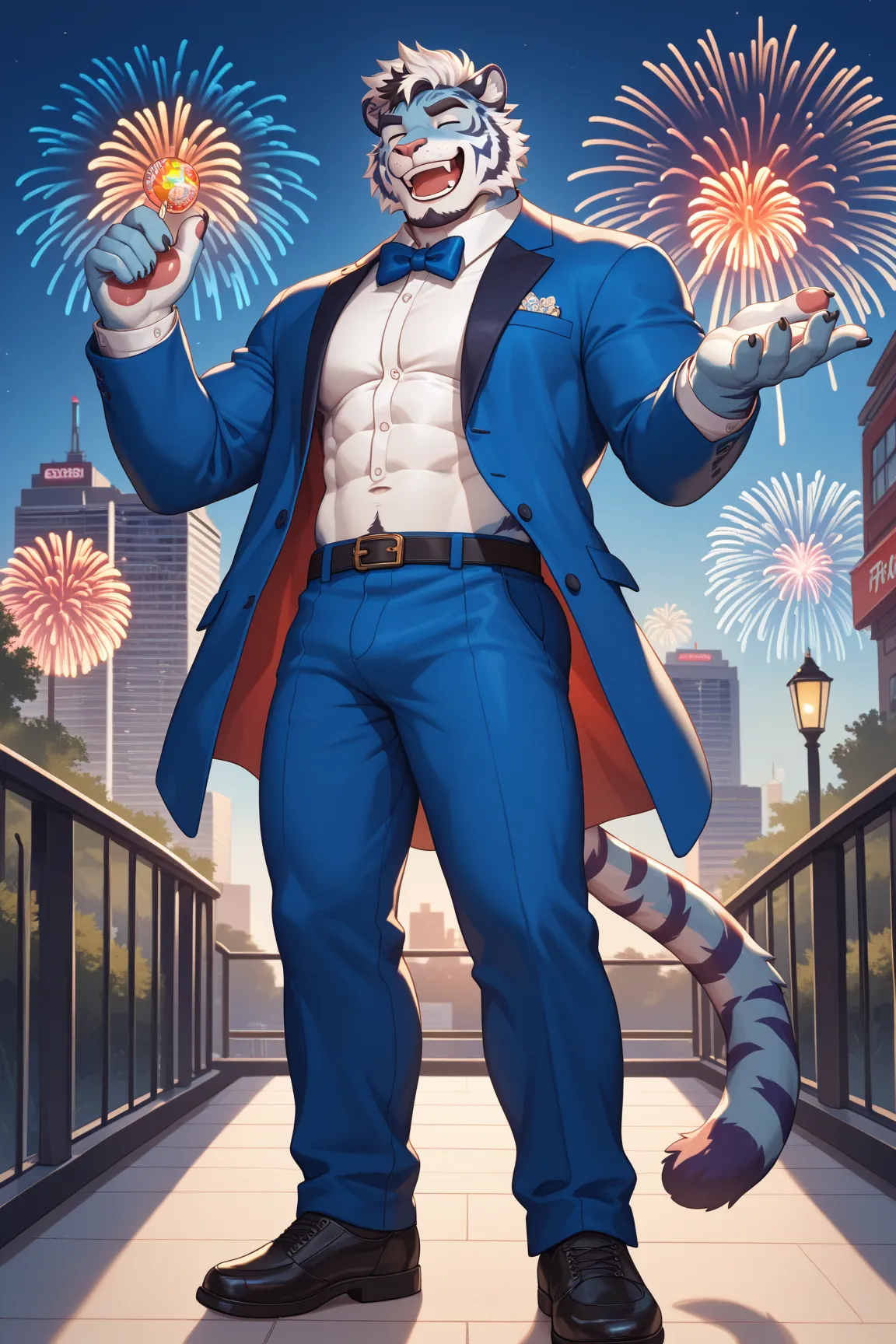 Furry, tiger, muscle, may tay, serio, strong, blue tiger solo, blue tiger, furry, bara, blue fur, white stomach, white hair, black hair highlights, hair down back, fluffy hair, happy, laugh, smile, blue tuxedo, blue jacket, white collared shirt, bodybuilde...