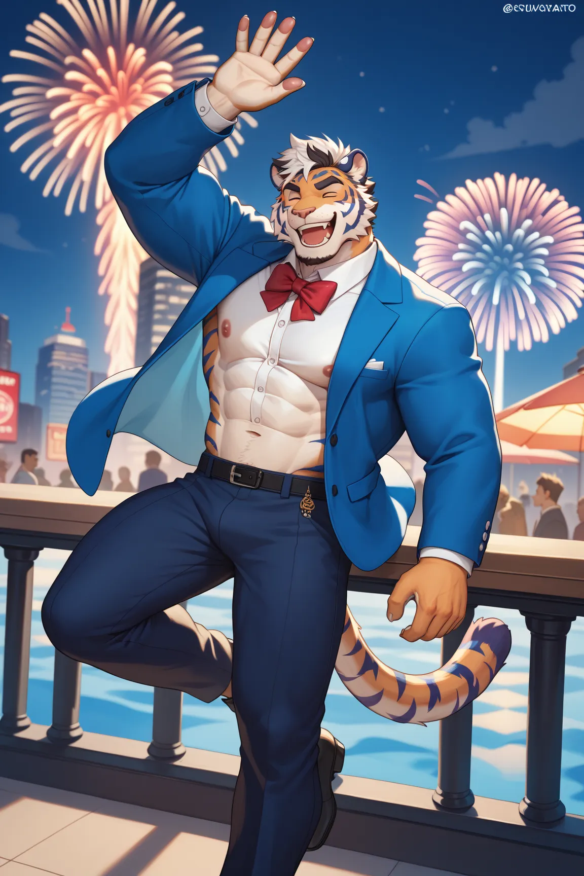 Furry, tiger, muscle, may tay, serio, strong, blue tiger solo, blue tiger, furry, bara, blue fur, white stomach, white hair, black hair highlights, hair down back, fluffy hair, happy, laugh, smile, blue tuxedo, blue jacket, white collared shirt, bodybuilde...