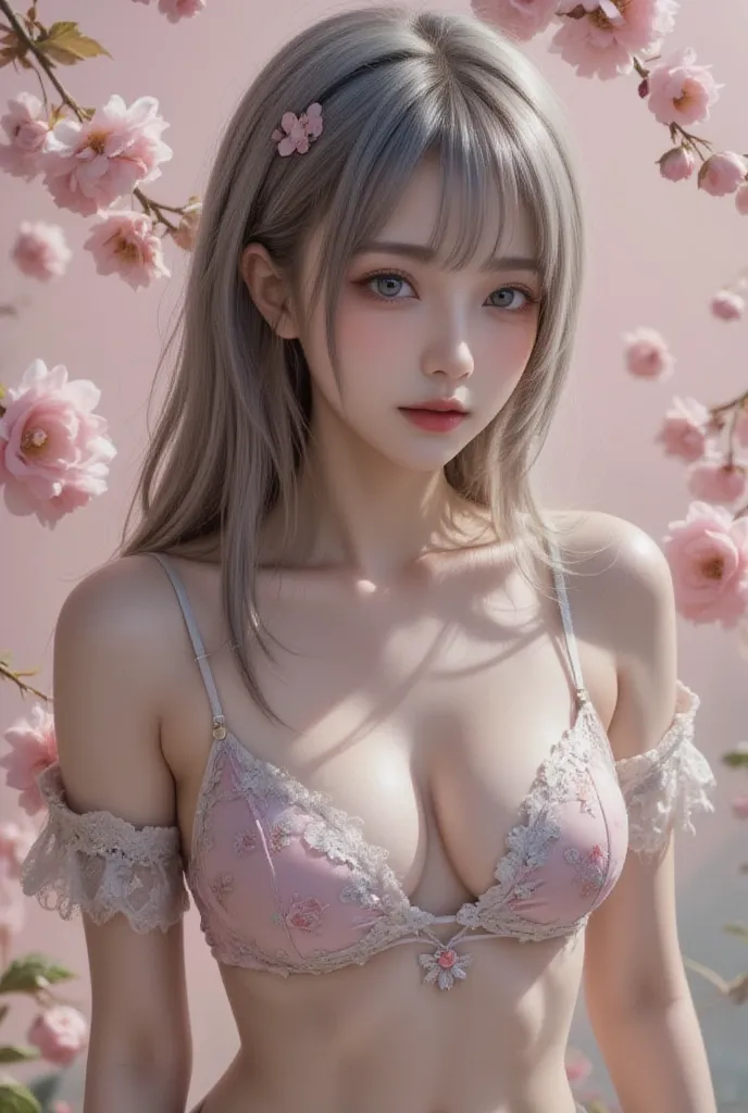     cute female idol  , Floral pattern on the main body  , heavy weapons,  looks cute  , long gray hair 、( beautiful, dark makeup :1.5)、 There is a gap in the white protector , (( It is equipped to a position close to naked for easy movement :1.4))、, beaut...