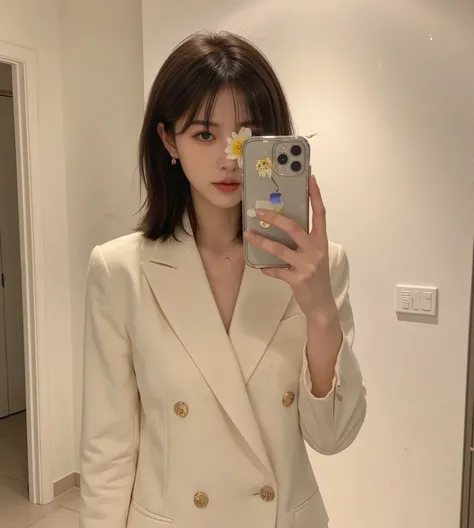 A young woman with shoulder-length dark hair wearing an elegant cream-colored double-breasted blazer. She is taking a mirror selfie with a modern smartphone while holding a delicate yellow flower in front of her face, partially obscuring her features. The ...