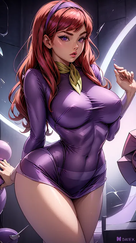     Daphne Blake with Scooby Doo , Sexy woman, pretty and delicate  ,   young,  red hair, violet eyes, short purple dress ,  Hard nipples milk melon  