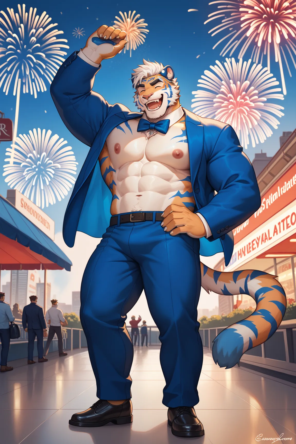 Furry, tiger, muscle, may tay, serio, strong, blue tiger solo, blue tiger, furry, bara, blue fur, white stomach, white hair, black hair highlights, hair down back, fluffy hair, happy, laugh, smile, blue tuxedo, blue jacket, white collared shirt, massive bo...