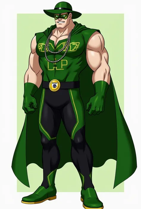 Anime A muscular hero with a green cape, a green hat, a Brazilian mask, glowing green eyes, a green shirt, black and green pants, a chain around his neck with a green "FIRE" inscription, and green shoes.
