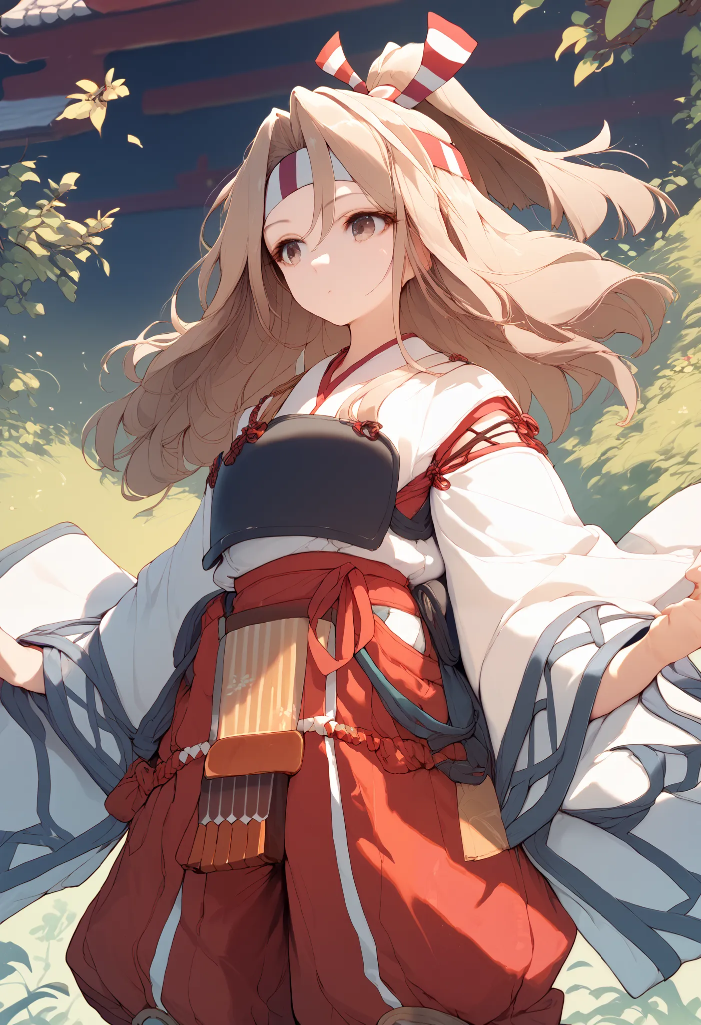 zuihouKC, long hair, wide sleeves, headband, light brown hair, high ponytail, hakama, muneate, red shorts, hachimaki,