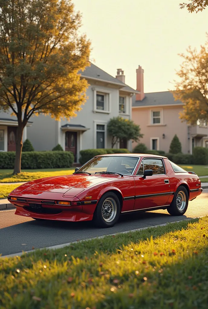 Give me an image of a Mazda RFC from the 80s outside a suburb of the United States, In the eighties, the nostalgic atmosphere is the closest thing to real life