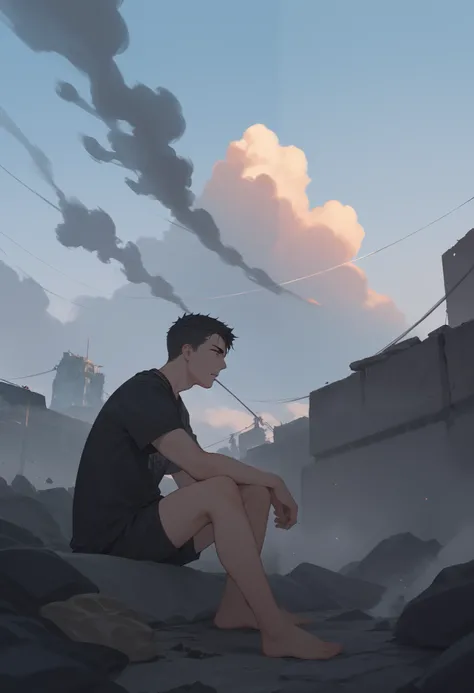 Futuristic Battlefield　1 tired man in his 30s　full of smoke　is sitting on the rubble　 dim sky　Asahi from afar　in bed looking up at the sky　