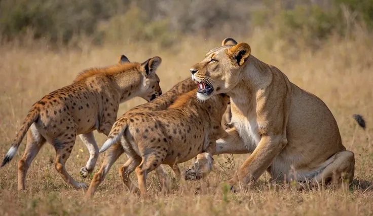 A female lioness being attacked by a pack of hyenas. The lioness is severely wounded.