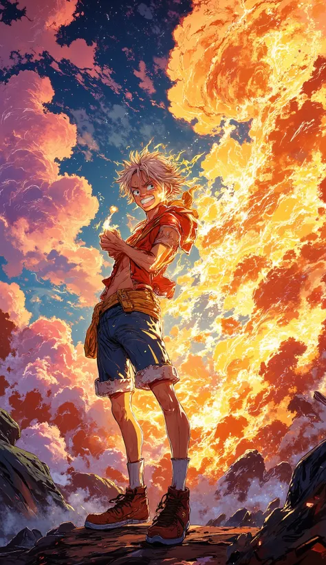 Monkey D. Luffy in his powerful Gear 5 form, standing tall with a wide, carefree grin, his white hair flowing wildly in the wind. His body radiates divine energy, crackling with golden lightning as his rubbery limbs twist in exaggerated, cartoon-like motio...