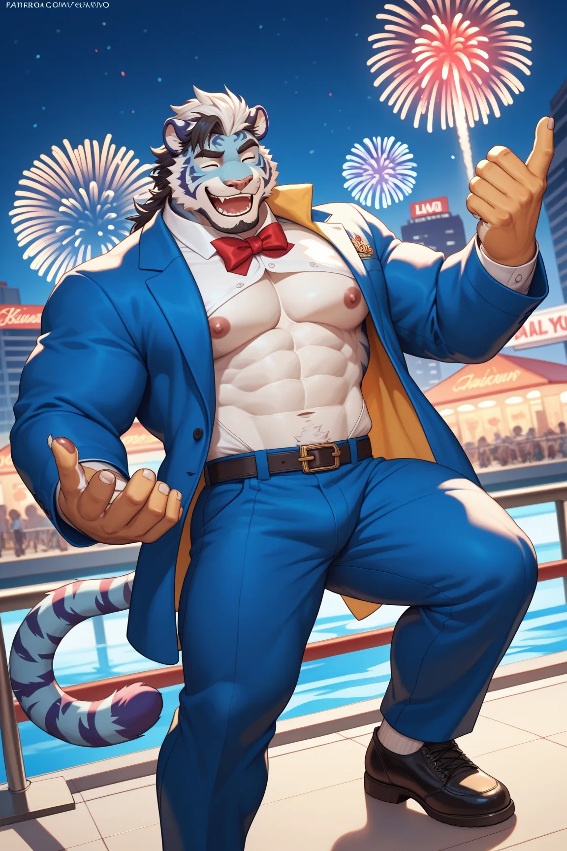 Furry, tiger, muscle, may tay, serio, strong, blue tiger solo, blue tiger, furry, bara, blue fur, white stomach, white hair, black hair highlights, hair down back, fluffy hair, happy, laugh, smile, blue tuxedo, blue jacket, white collared shirt, massive bo...