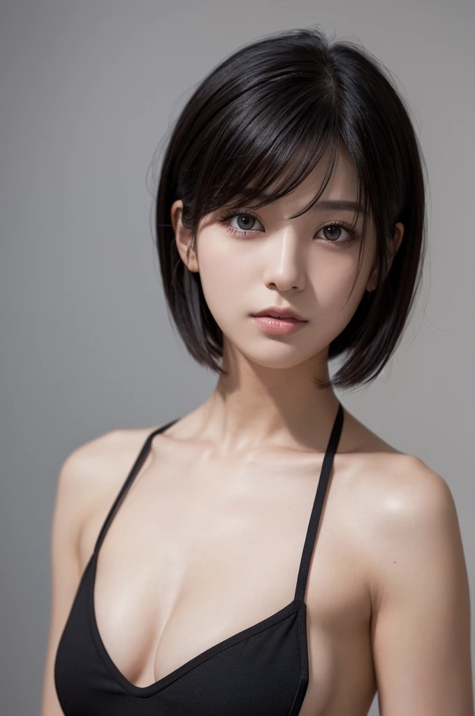 hairstyle: short black hair
Outfit:topless,bare sholde,
Break
a girl,solo,highly detailed beautiful face and eyes,upper body,face only,front,