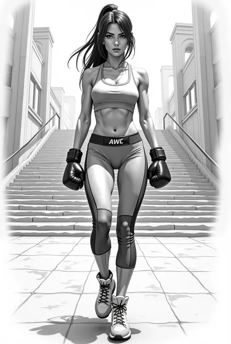 Draft drawing made with pencils, of a young woman, fighter, in full body, sportswear with combat gloves on your hands, wearing chic sportswear in front of a wide staircase in a square 