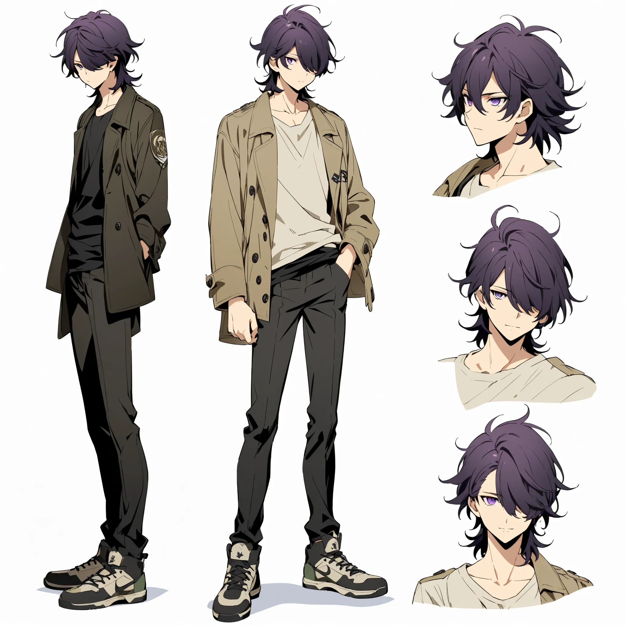  foreign, alone, male, short hair, Hair covering left eye, , purple eyes, rest, black shirt, black pants, khaki coat，Character Design Sheet，Front ， Three Views ，is tall，Front を向いている
