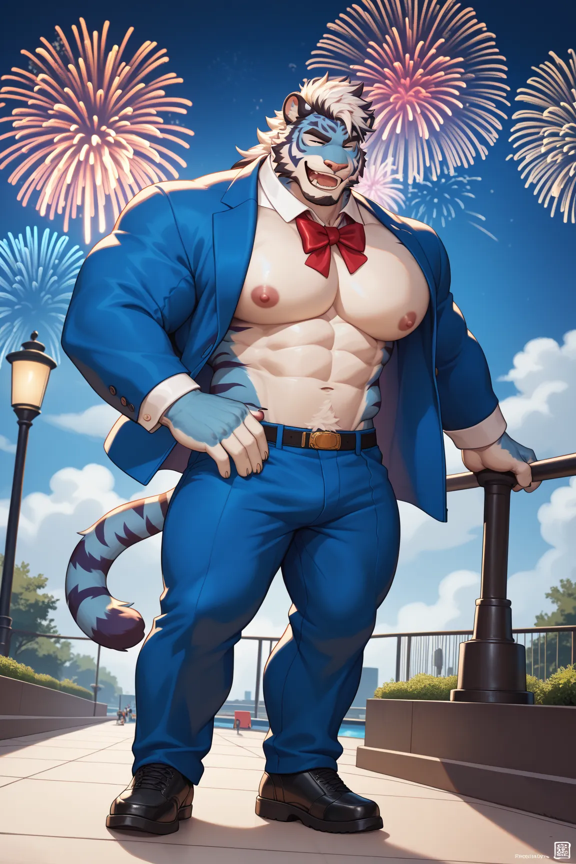 Furry, muscle, may tay, serio, strong, blue tiger solo, blue tiger, furry, bara, blue fur, white stomach, white hair, black hair highlights, hair down back, fluffy hair, happy, blue tuxedo, blue jacket, white collared shirt, massive body, bodybuilder, big ...