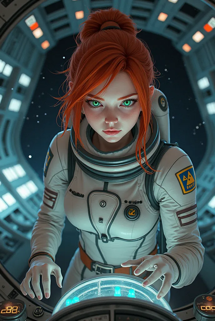 Female astronaut, redhead, looks at instruments, controls a spaceship
