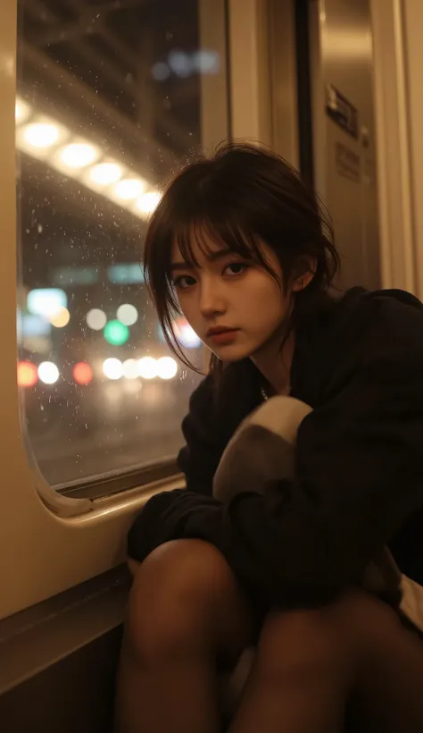 Portrait of a young woman with tousled dark hair, sitting by the window of a subway train at night. She gazes intensely at the camera with a melancholic expression. The city lights outside blur into a dreamy bokeh effect, reflecting off the glass. The warm...