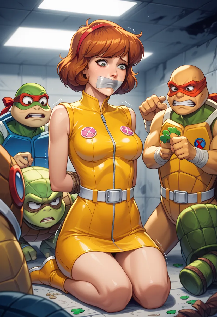 (April O'Neil:1.3), blunt bangs,medium breast, attacked by turtles, bound tape gag, abandoned basement, indoor, high quality, multiple monsters, group ,miscegenation,trembling, sad, turtles monster,creepy turtles,turtles cling to the girl,turtles attacking...