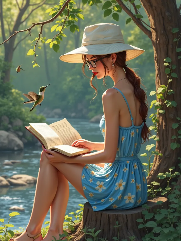 Slim female, brunette ponytail, blue flowered sun dress, white floppy hat, glasses, sitting on a tree stump near a stream reading a book, several small hummingbirds are flitting around her