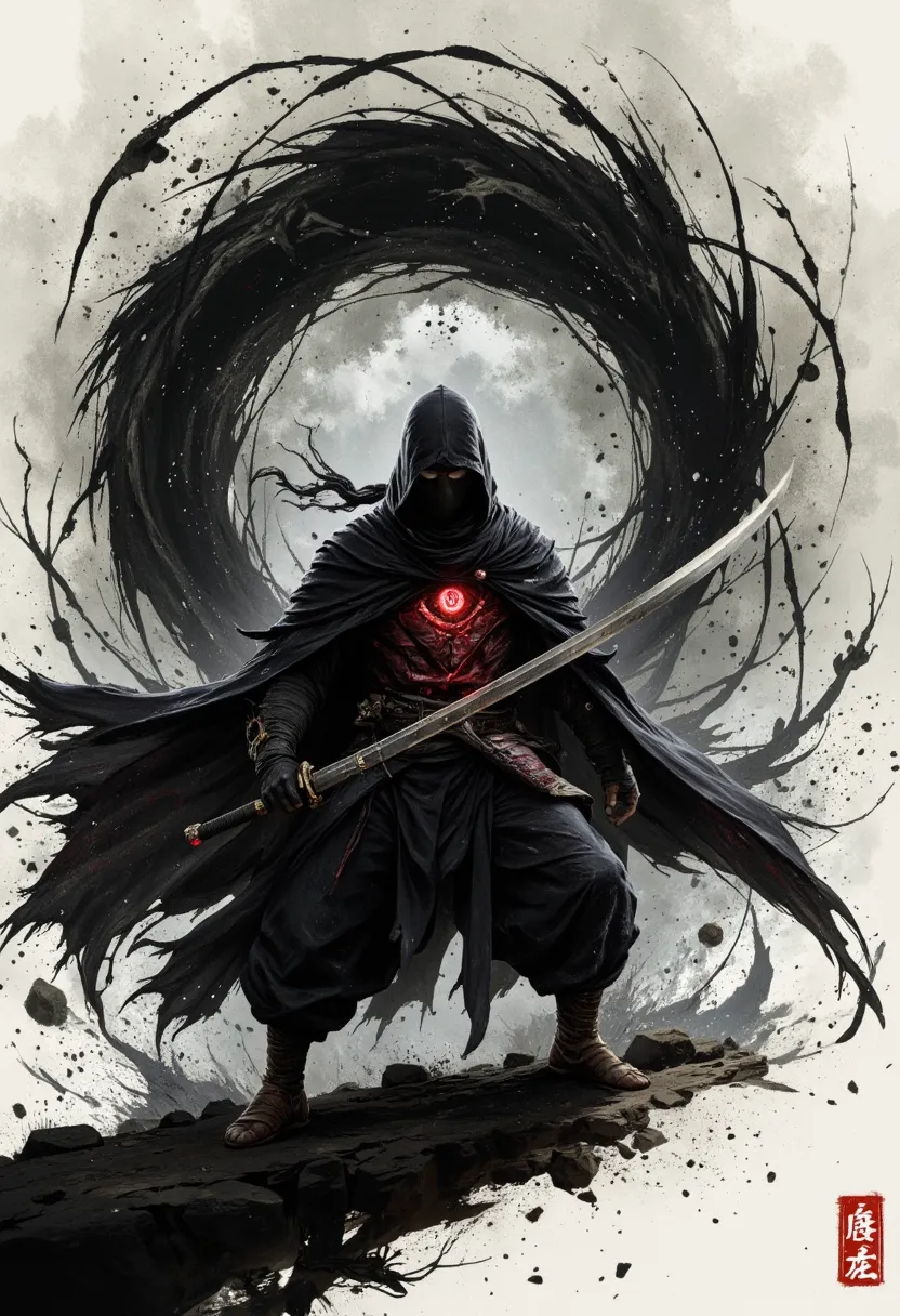 shadows, poised for action. The artwork communicates a powerful blend of mystery, agility, and deadly skill, encapsulating the spirit of a ninja in a dynamic and evocative composition."