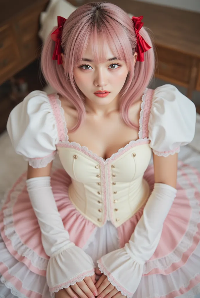 Photorealistic, 8k, charming anime-style girl, short pastel-pink hair styled into twin tails, each tied with large red bows. She wears an intricate magical girl dress featuring a cream-colored corset with pink buttons, puffy white sleeves with pink trim, a...