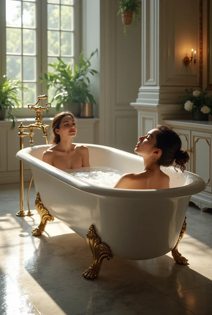 Create an image of a person taking an immersion bath, I want a beautiful elegant bathtub 