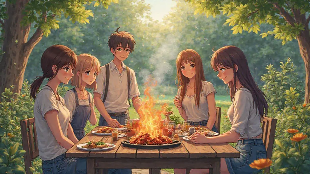 New house full of friends and friends with me in the garden smiling and grilling at the anime style barbecue there are 3 boys and 4 girls about 30 years old, Western traits Europe with the vegetable garden next door