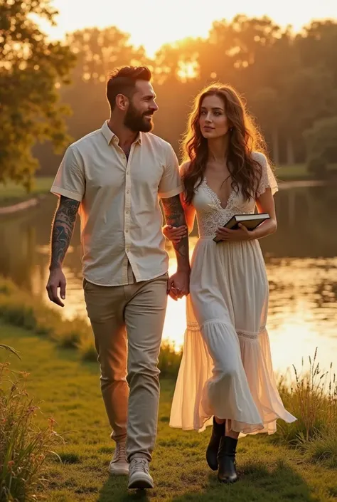 A highly realistic image of Lionel Messi and a young woman walking side by side on a grassy path near a peaceful lake during sunset. Messi is dressed in a cream-colored short-sleeved button-up shirt and beige trousers, his tattooed arm visible as he walks ...