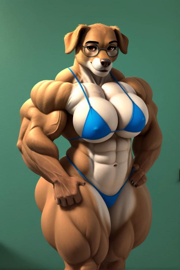 Female dog with very big muscles , very huge and very gigantic cream-colored fur with white and beautiful brown eyes and she wears a bikini and full body glasses and is 43 years old, she is a bodybuilder and a school teacher.