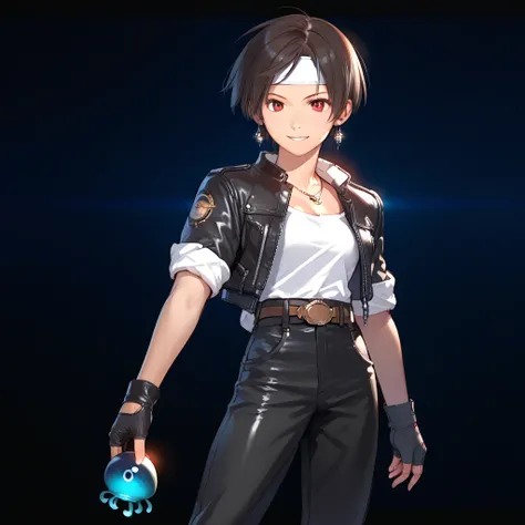 1 Japanese girl ,(big eyes:1.0),red eyes,black hair,short hair,at the aquarium,looking at a big tank full of jellyfish,mysterious,thin waist,small earrings,necklace, ((black leather jacket with rolled up sleeves)) ,open jacket, black fingerless gloves, white t shirt , ((white headband)) , black pants , white shoes , wearing a brown belt , smile , enjoy , dim , masterpiece , top quality , amazing quality , super detailed , fine , high resolution , perfect dynamic composition , detailed eyes , cinematic lighting , detailed background , depth of field , perfect proportion , harmonious composition,
