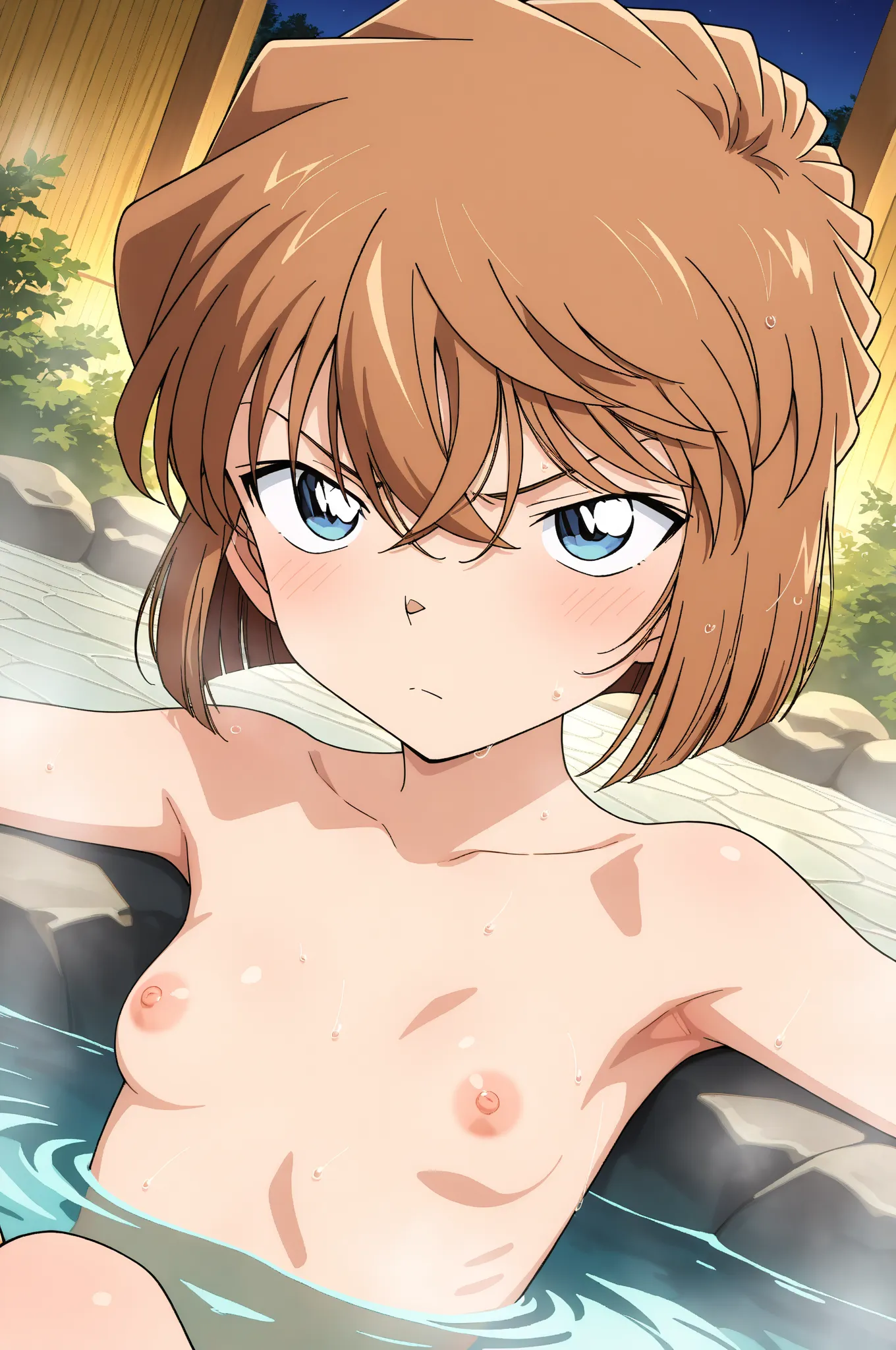 masterpiece,best quality,{{detailed beautiful face and eyes}}, very detailed background,
Haibara Ai,short hair,brown hair,bob cut,hair between eyes,blue eyes,small breasts,
solo,1loli,(is angry:1.0),
take a bath,{{girl in onsen}},completely nude,nipples,ve...