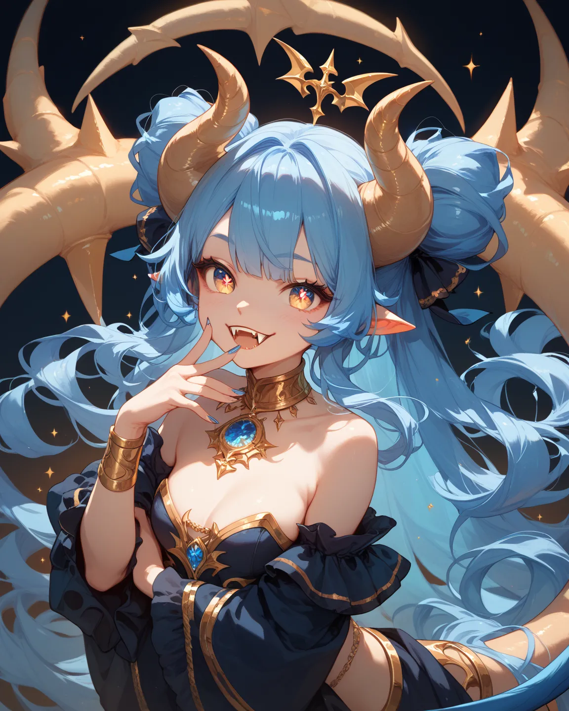   Right eye is blue, The left eye is golden,Tail,Sharp Fangs,  Gold,  kind,cute,Kind eyes,horn, long hair, Blue Hair/light blue hair tied at the top, devil