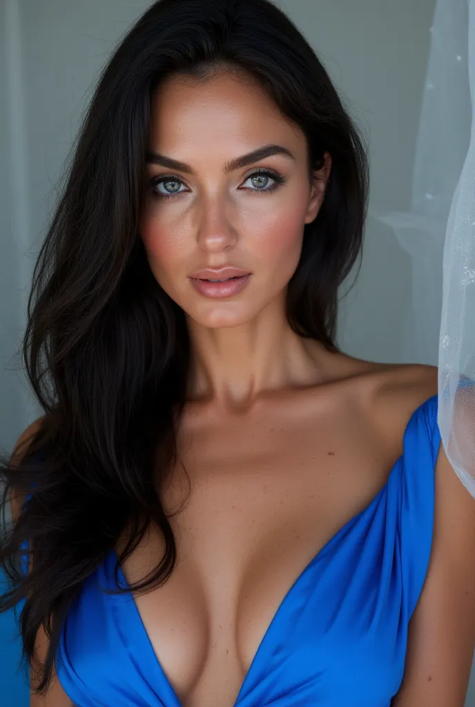  blue-eyed woman,  long wavy black hair,  Oval face, perfect lips and wearing a blue dress