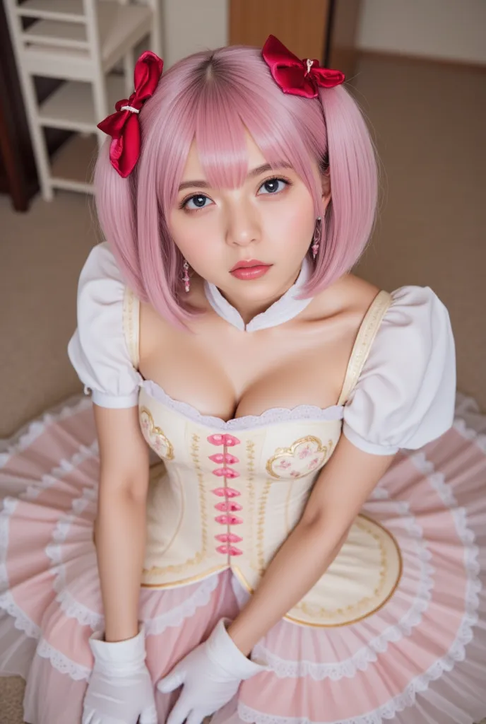 Photorealistic, 8k, charming anime-style girl, short pastel-pink hair styled into twin tails, each tied with large red bows. She wears an intricate magical girl dress featuring a cream-colored corset with pink buttons, puffy white sleeves with pink trim, a...