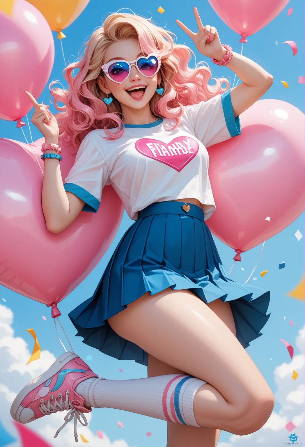 

*"A charming female character full of personality, with delicate but expressive features.  She has long and wavy hair ,  in a vibrant pink shade , almost like cotton candy , that shines slightly under the festive lighting.  His eyes are large and shiny ,...