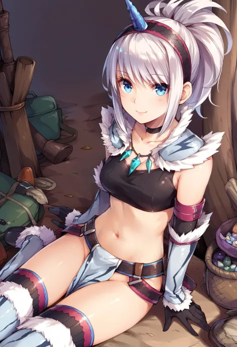 (score_9:0.9),score_8_up,score_7_up,rating_explicit,anime_style,(zPDXL),kirin beta armor,white single horn hairband,white detached sleeves,1young_girl,solo,blue eyes,looking at viewer,sitting,smile,plain_background,medium breasts,,closed mouth,collarbone,b...