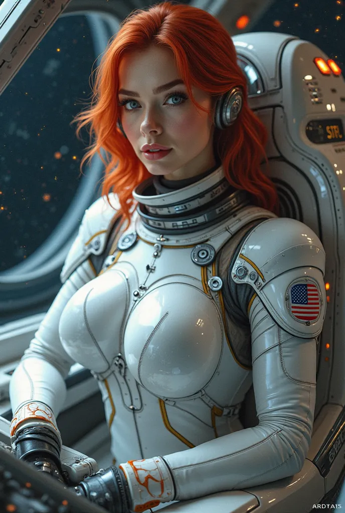 Woman astronaut, in a spacesuit, redhead, big breasts, controls a spaceship