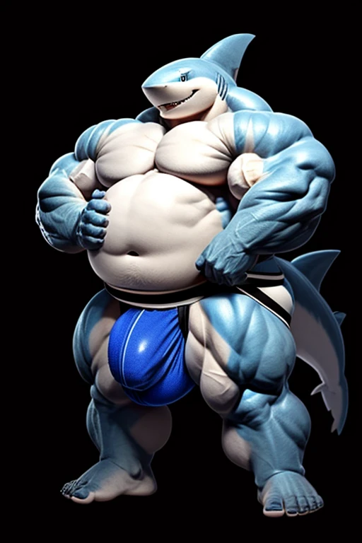 (black background:1.5)。Shirtless fat blue male shark beastman。huge belly at a young age。My belly is white 。 Huge Muscles。tail。barefoot。
(jockstrap:1.5)。( extremely huge bulge:1.5)。