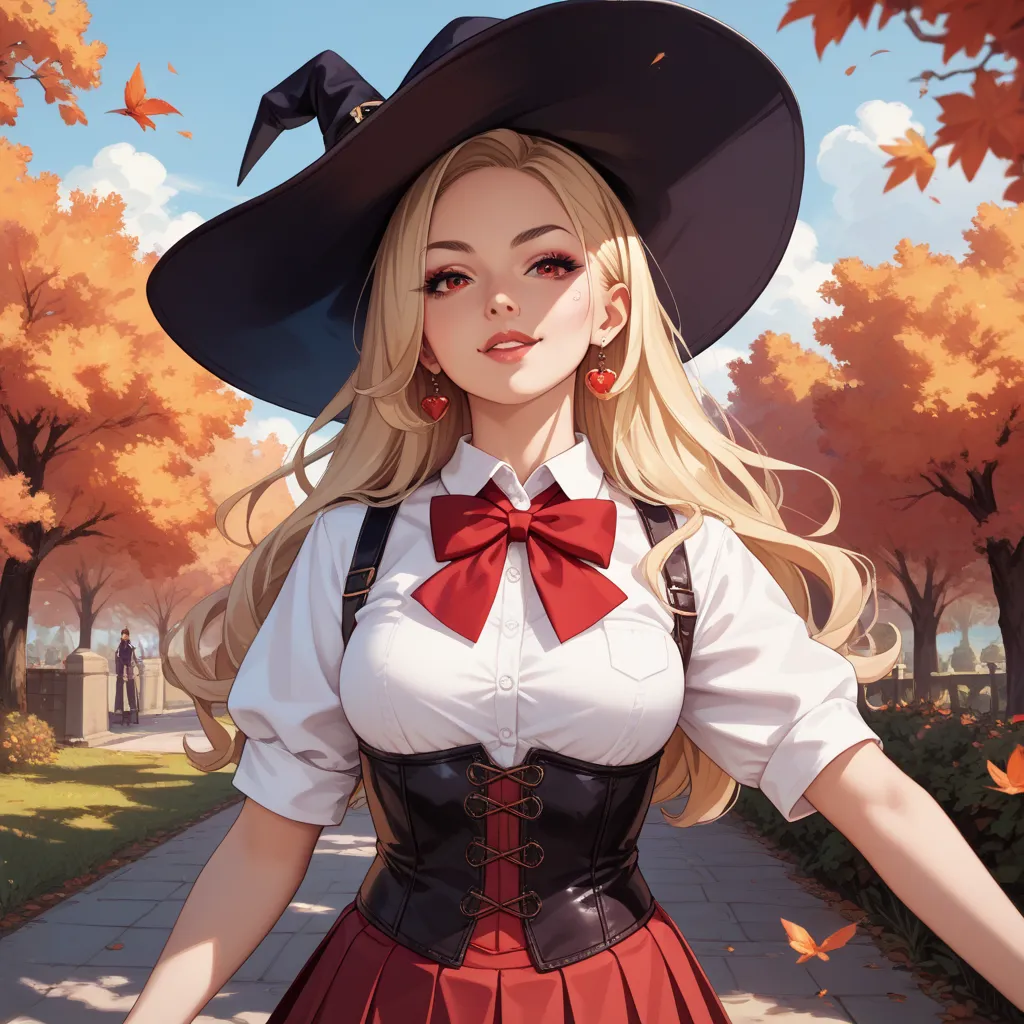 blonde hair,corset,red school uniform,witch,rating_safe,japanese woman,